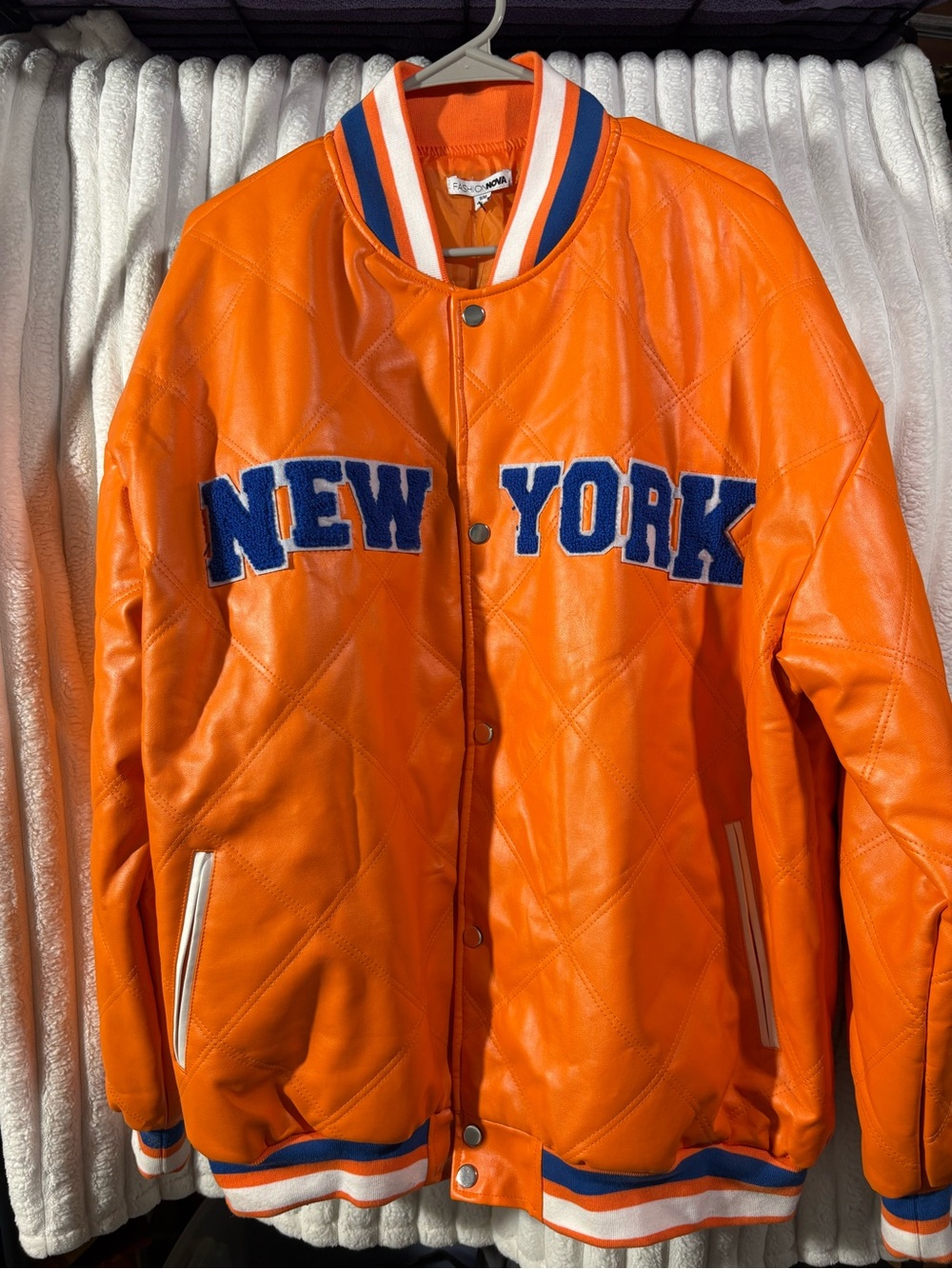 Fashion Nova Orange "New York" Quilted Varsity Jacket
